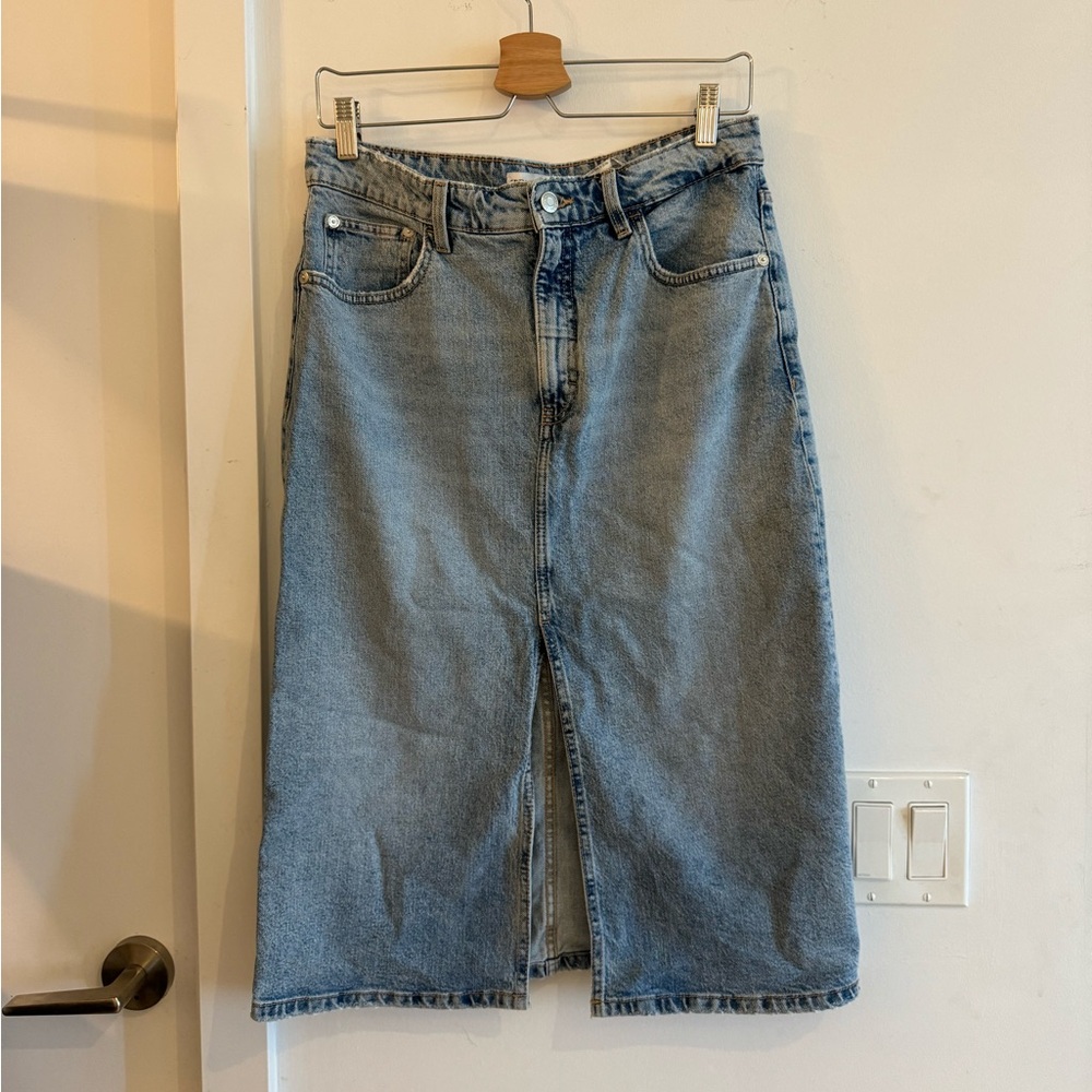 Denim Midi Skirt from Zara with Front Slit - Light Blue